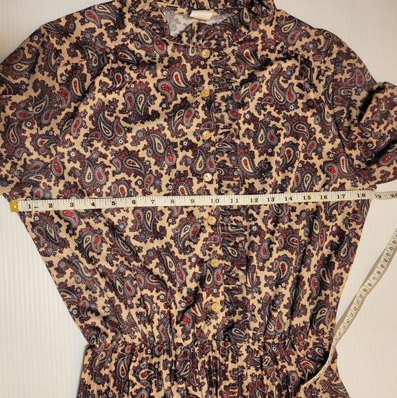 Vintage 1970s Paisley Print Drop Elastic Waist Ruffle Pleated Shirt Dress, Sz 14 - Picture 5 of 15